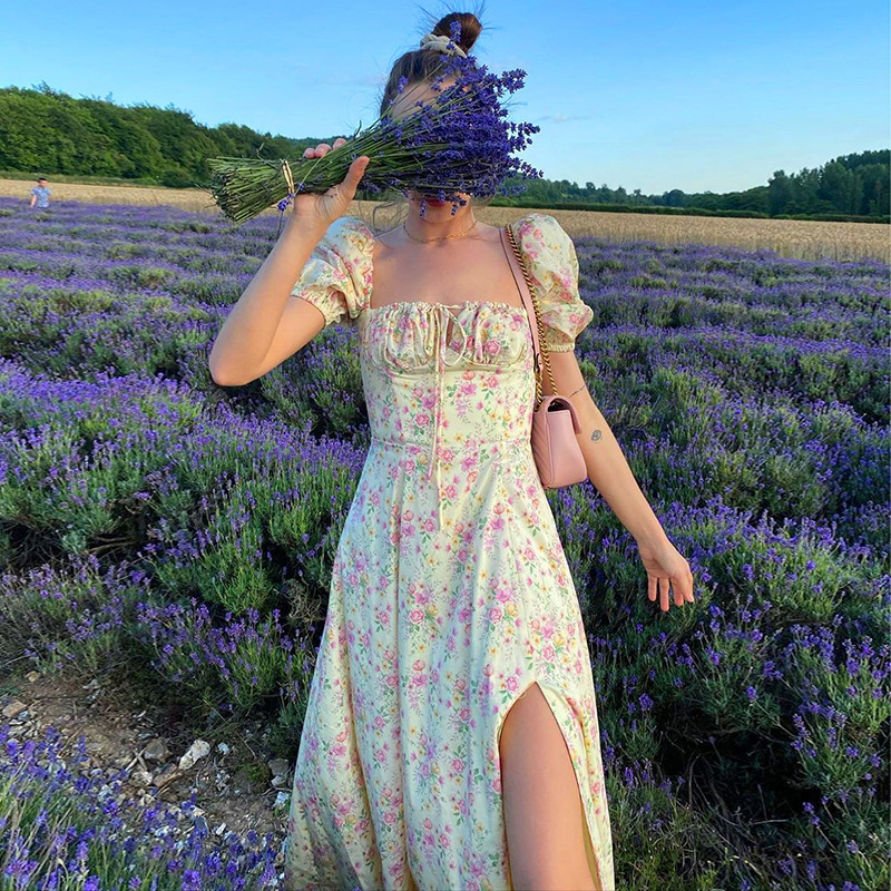 Floral French Style Open Back Slim Fit Cami Dress with Slit