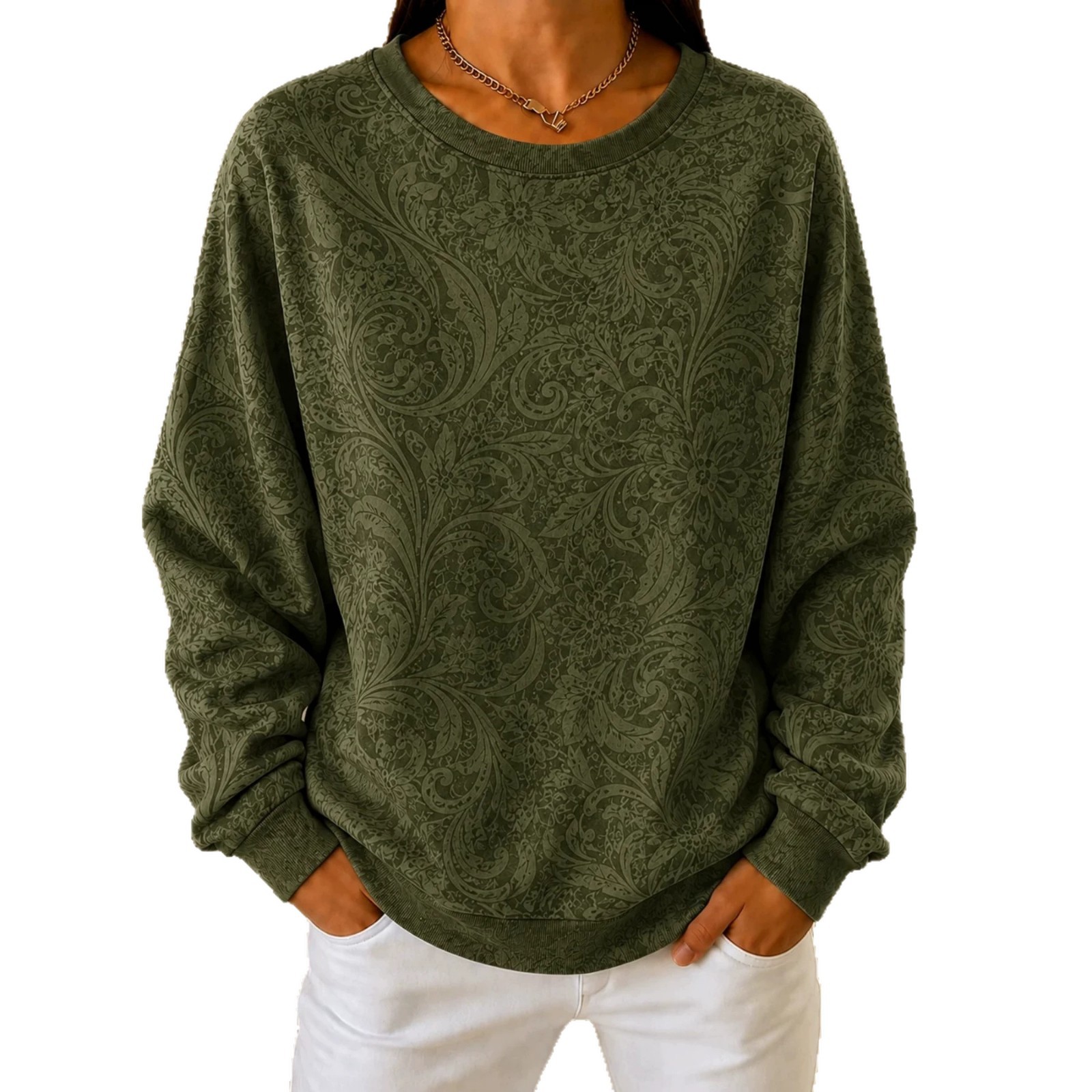 Bohemian Print Crewneck Long Sleeve Pullover Sweatshirt