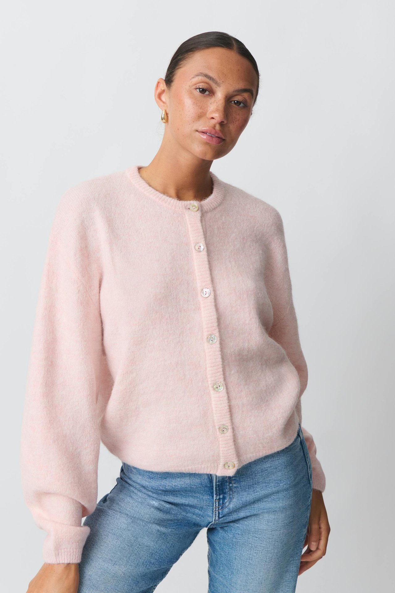 Women's Sweet Solid Color Knit Cardigan Round Neck Long Sleeve