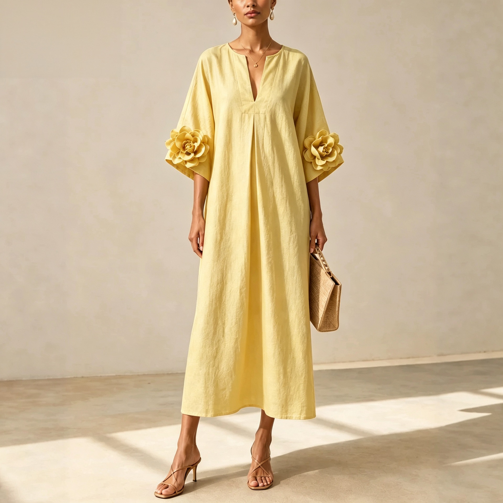 V-Neck Floral Midi Dress with Flared Sleeves
