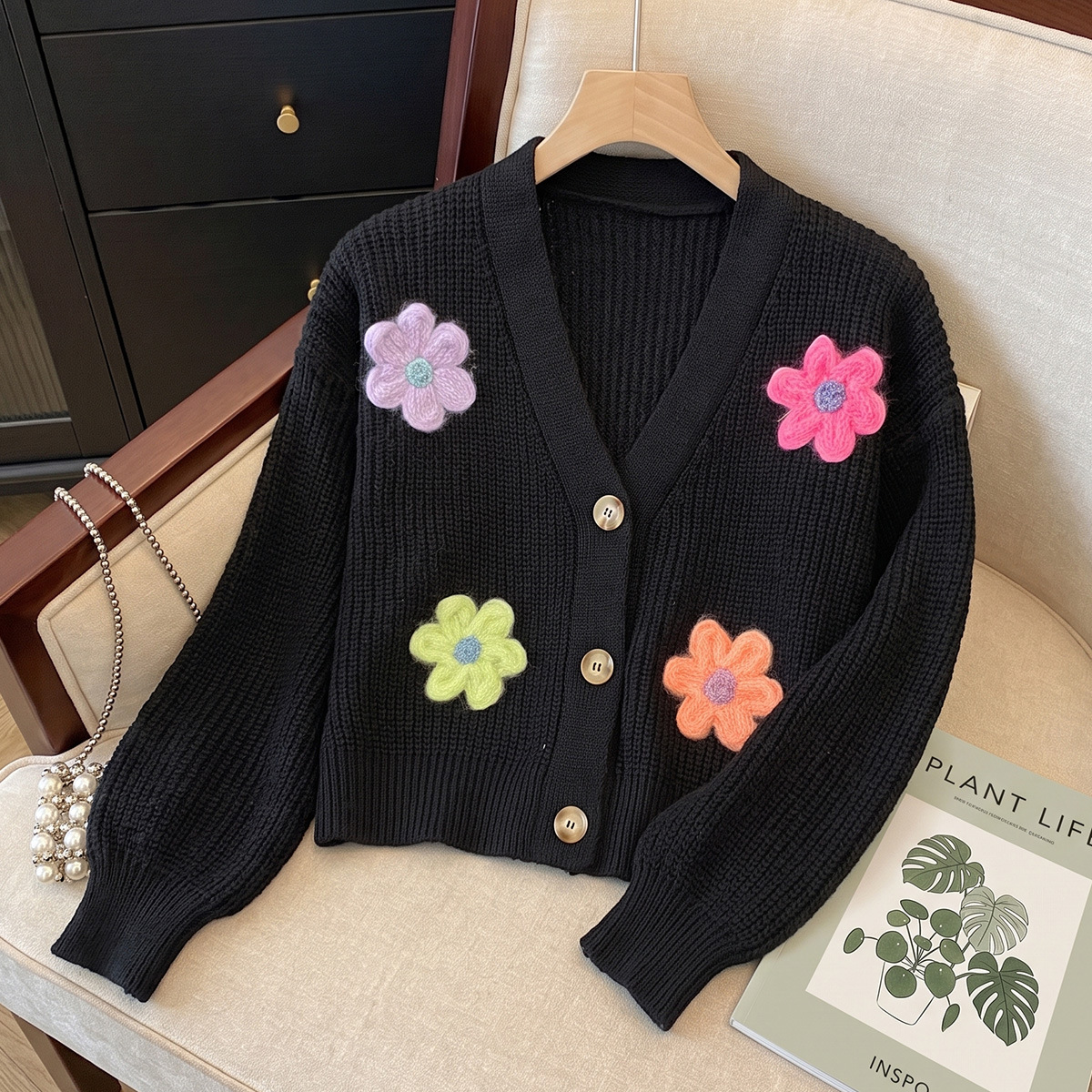 Women's Loose Knit Cardigan with 3D Floral Appliqué