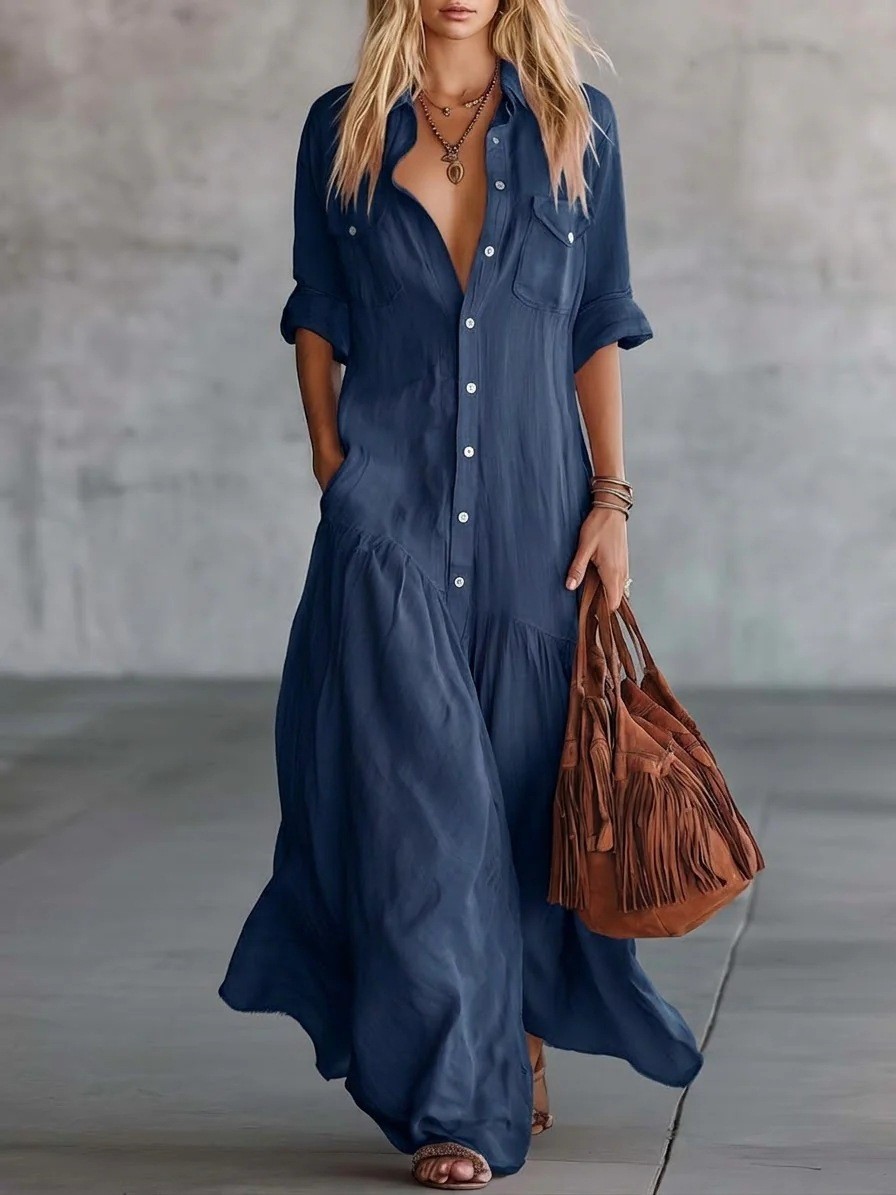Collared Button-Front Patch Pocket Shirt Dress