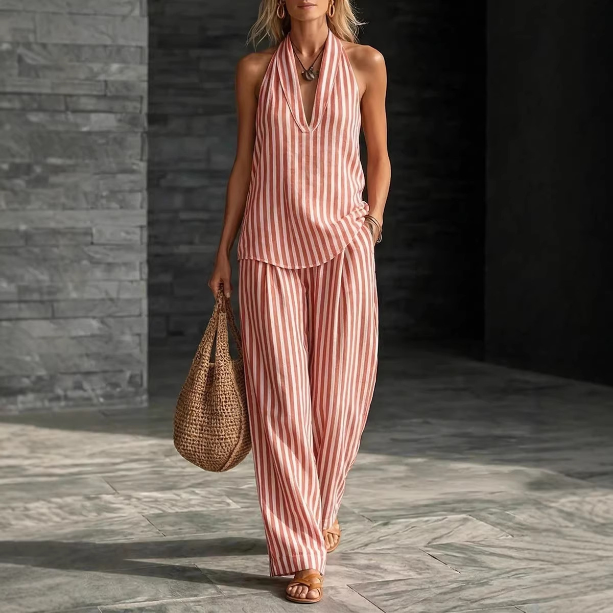 Striped Wide-Leg Pants Two-Piece Set Sleeveless Vest Women's