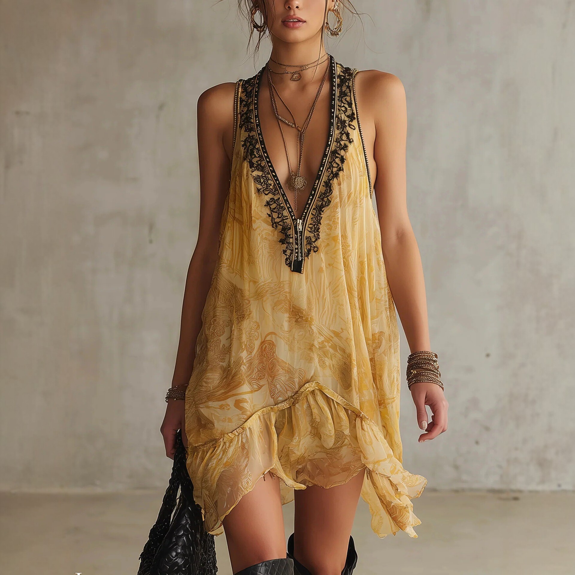 Yellow Floral Print V-Neck Lace Trim Cami Dress with Asymmetric Hem