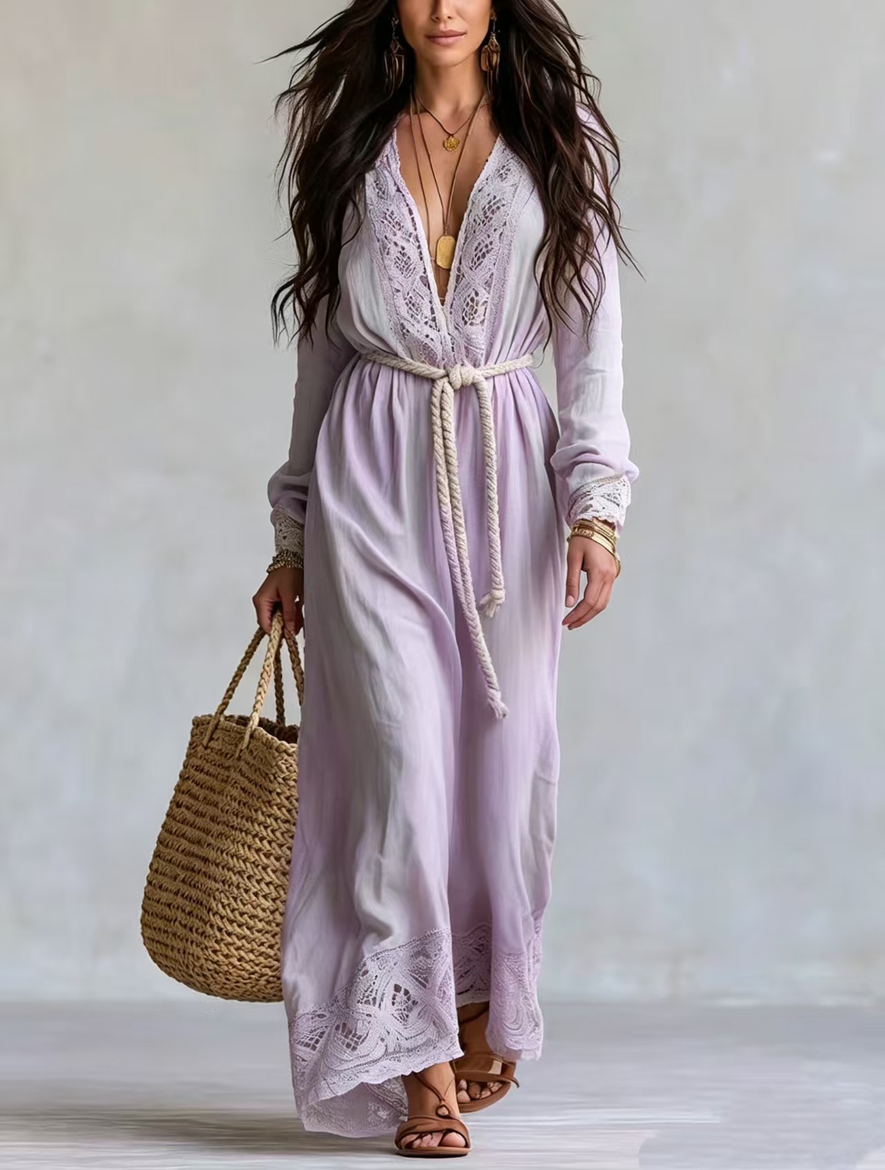 Bohemian V-Neck Lace Tie Long Dress