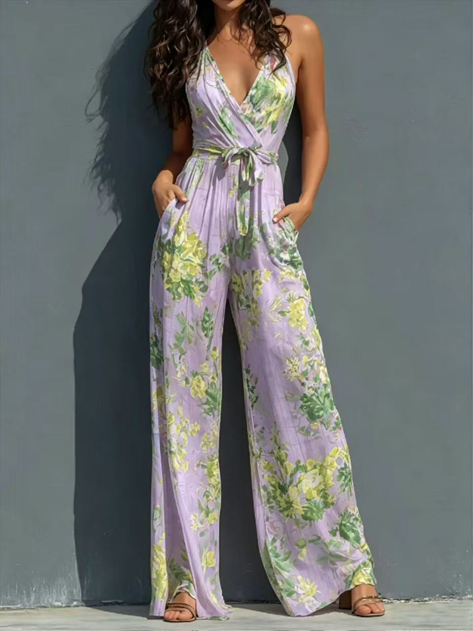 Women's Halter Deep V Printed Jumpsuit High Waist Tie Wide Leg