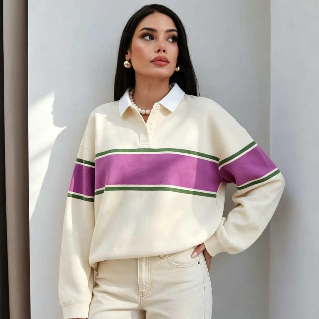 Color-Block Striped Stand-Collar Knit Cardigan