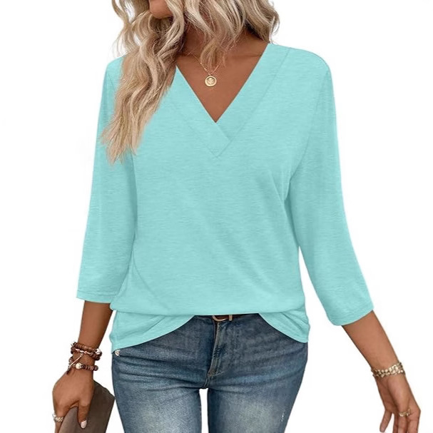 Women's V-Neck 3/4 Sleeve Knit Top - Fitted Casual T-Shirt