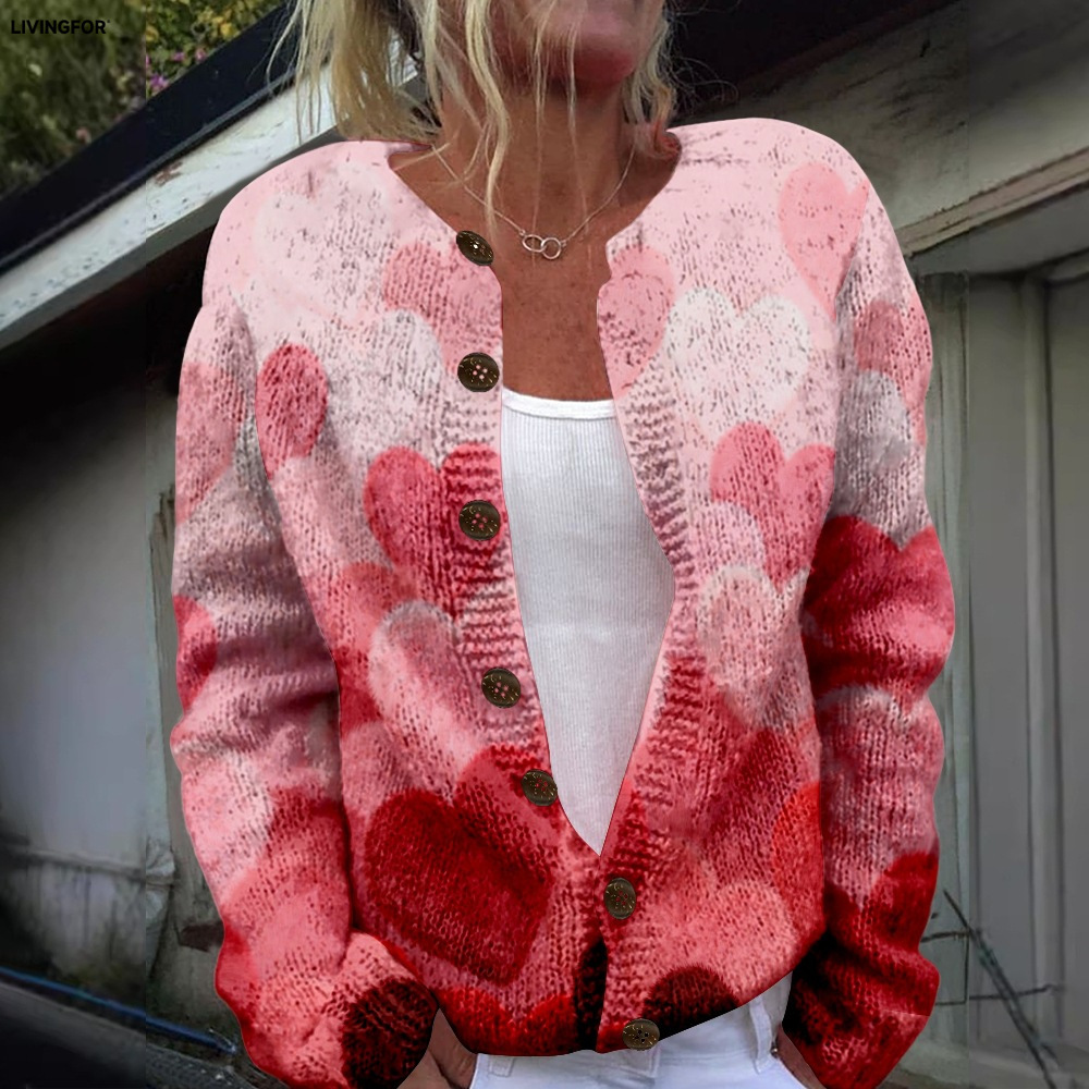 Women's Heart & Flower Print Button Cardigan Sweater