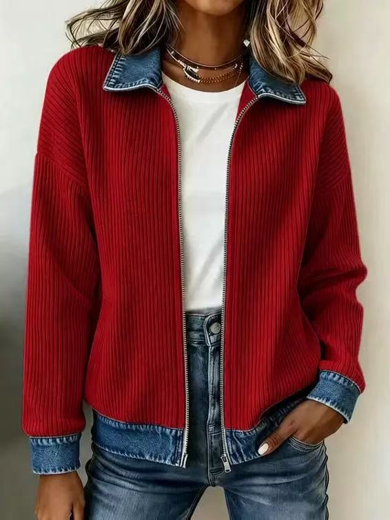 Women's Knit Denim Patchwork Button-Front Shirt Jacket