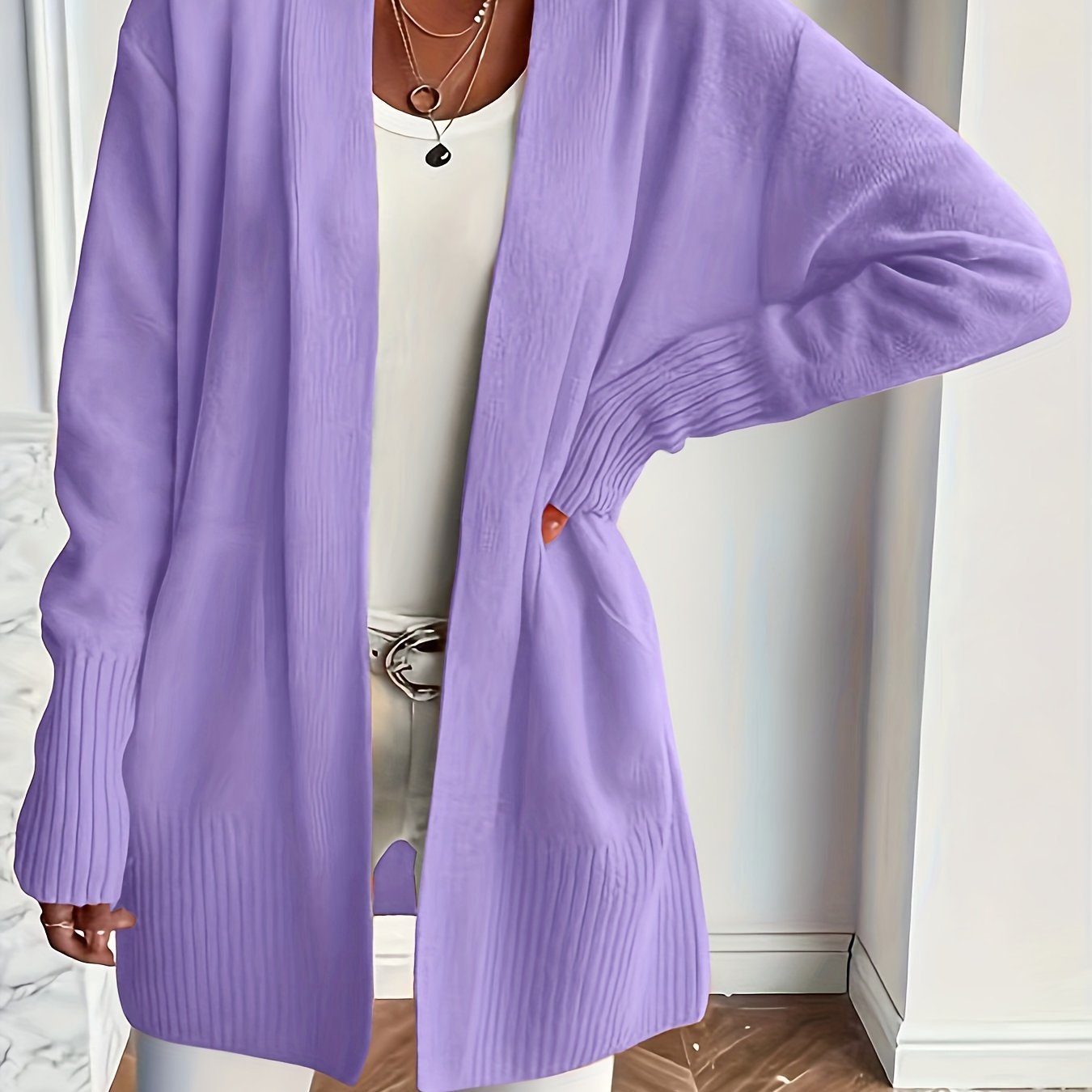 Plus Size Women's Knit Open-Front Cardigan with Pockets