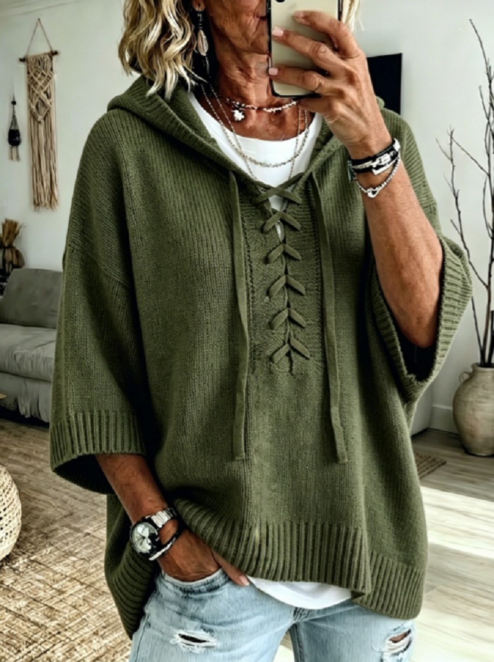 Lace-Up Hooded 3/4 Sleeve Knit Sweater Loose Pullover Top