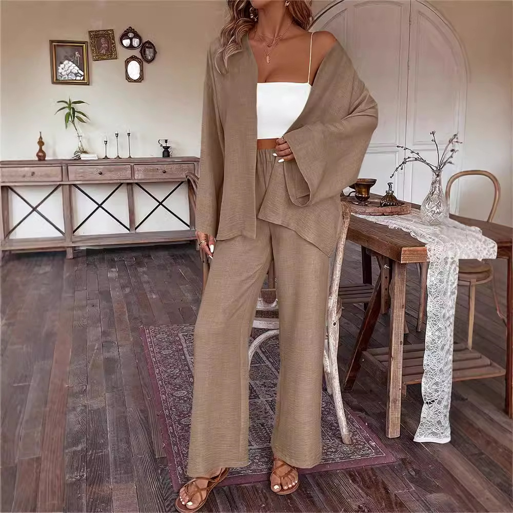 Women's Cotton-Linen Cardigan & Wide-Leg Pants Two-Piece Set