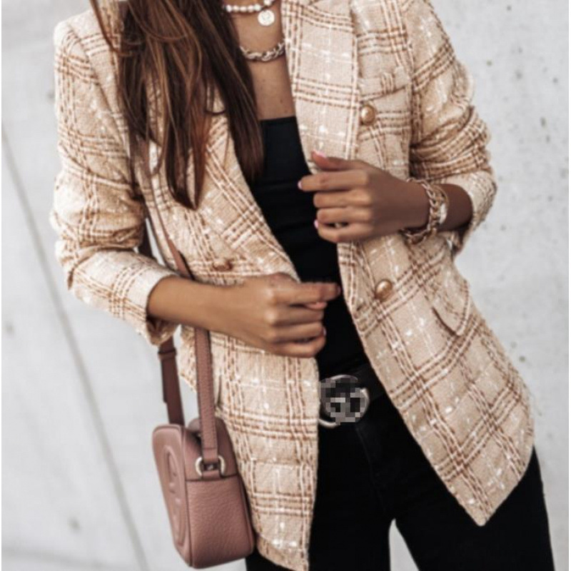 Women's Long Sleeve Double-Breasted Blazer with Suit Collar and Print
