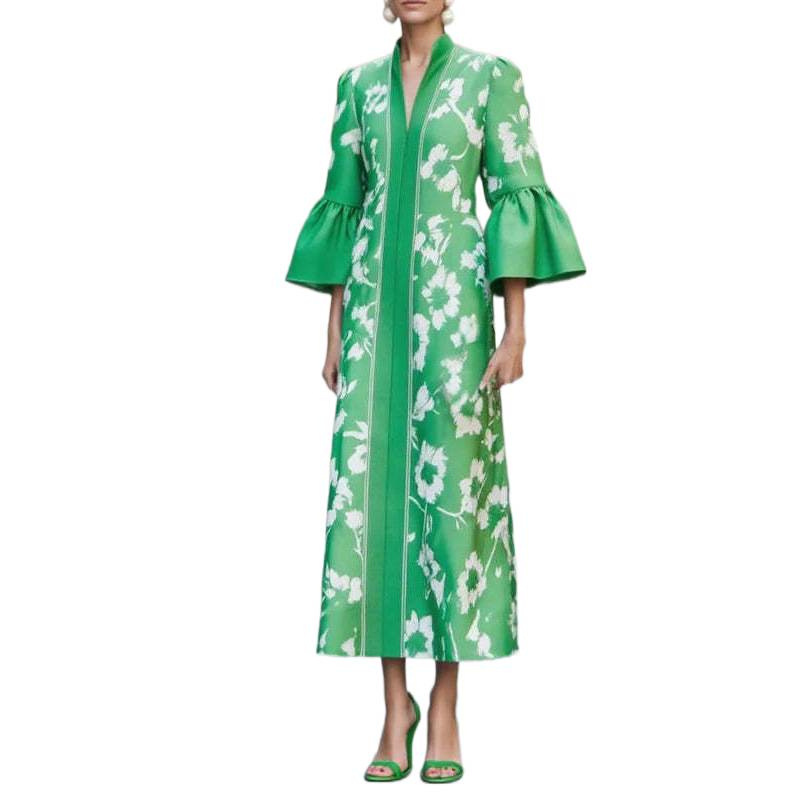 Elegant Green Floral Print Deep V-Neck Puff Sleeve Long Dress