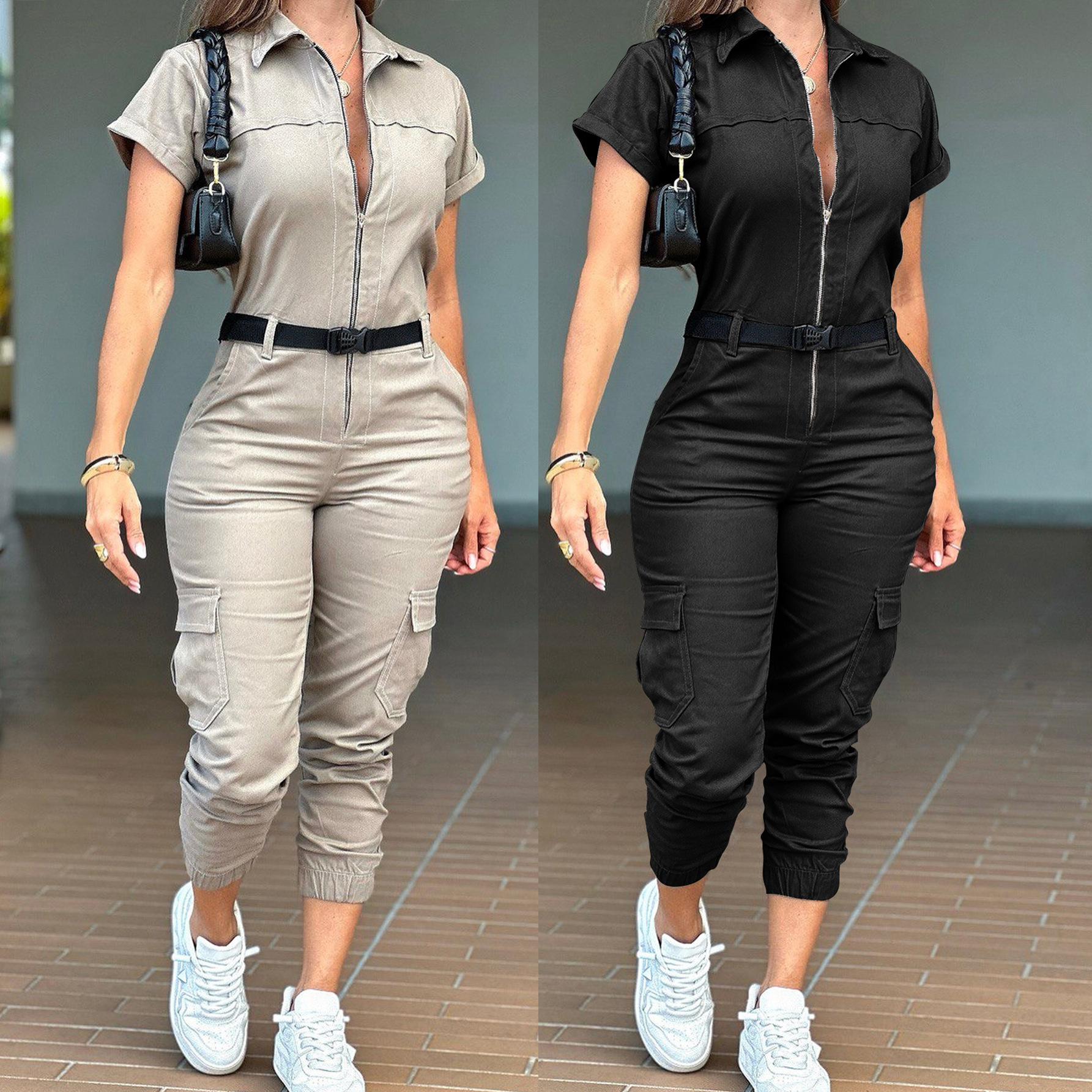 Women's Zip Cargo Jumpsuit Short Sleeve Collared Multi-Pocket Belted