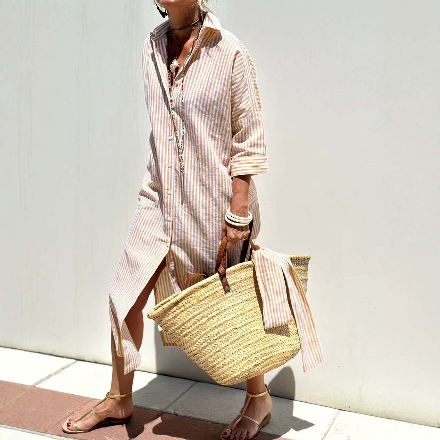 Striped Five-Sleeve Collared Shirt Dress