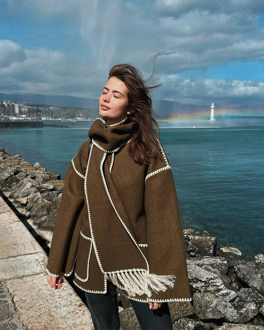Women's Fringe Wool-Blend Coat with Scarf, Loose Fit