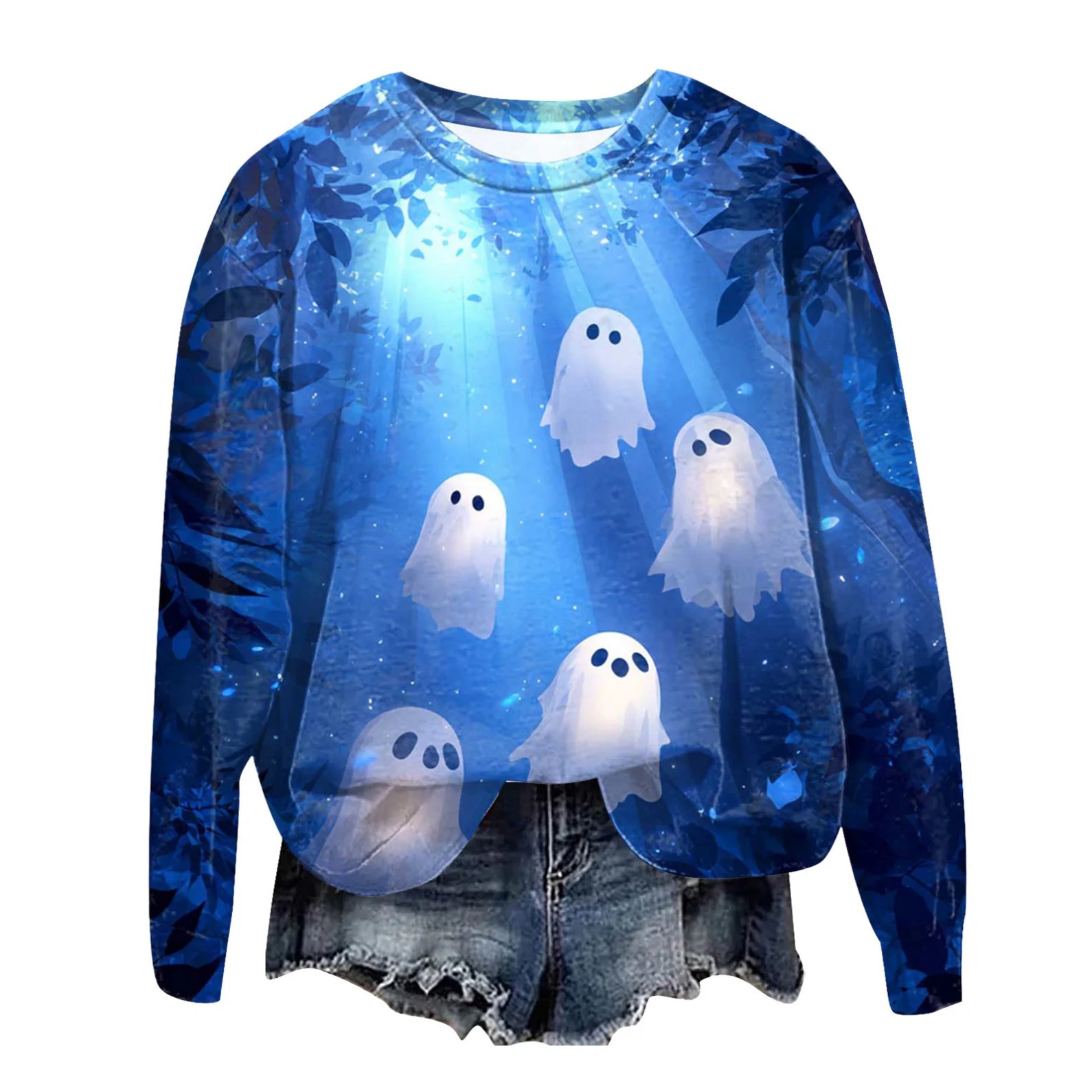Women's Halloween Cross Castle Ghost Wolf Print Crewneck Sweatshirt
