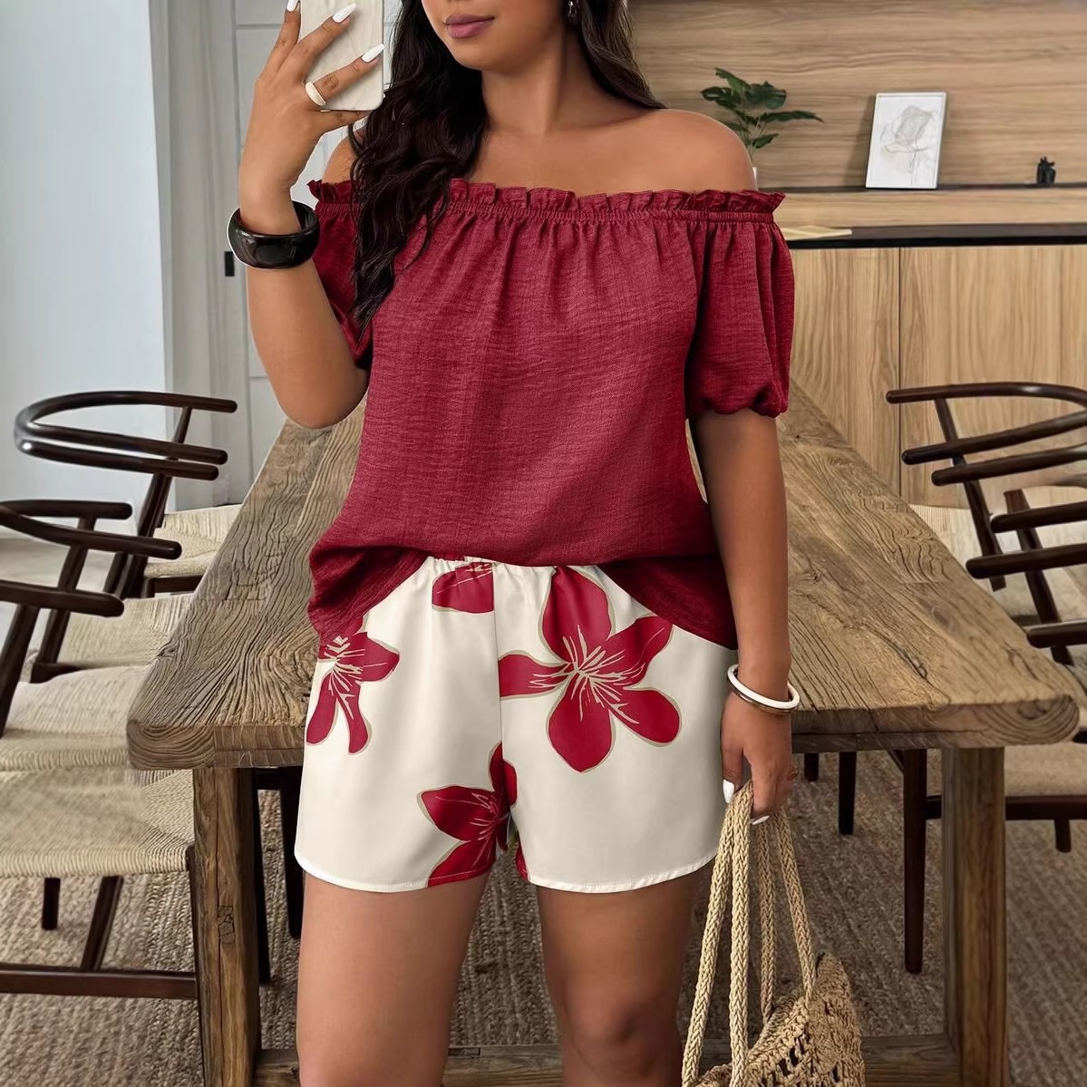 Women's Off-Shoulder Short Sleeve Shirt & Shorts Set Casual Summer