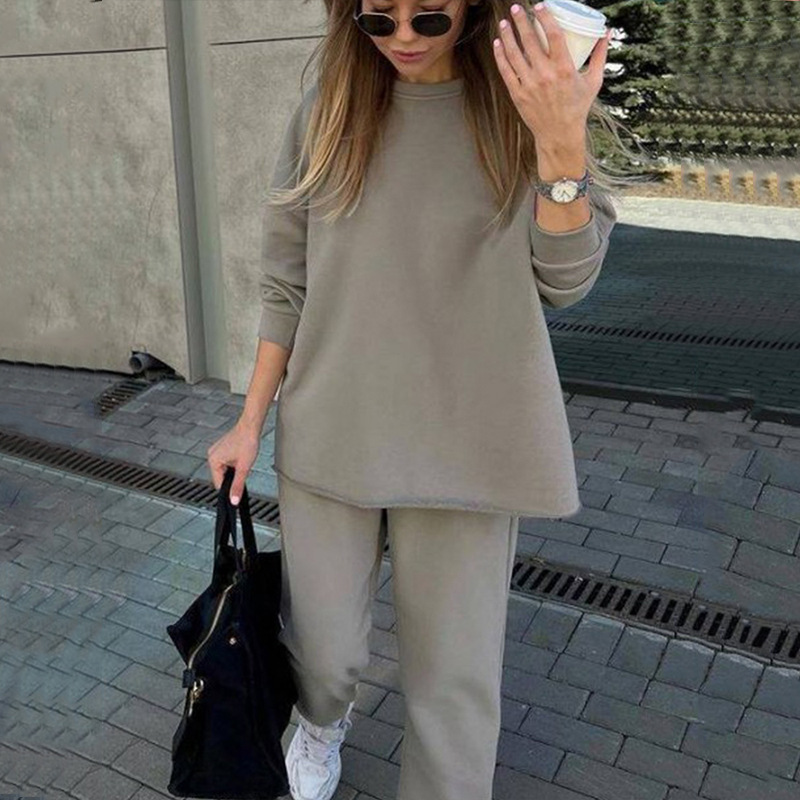 Women's Casual Solid Color Long Sleeve Top and Elastic Waist Pants Two-Piece Set