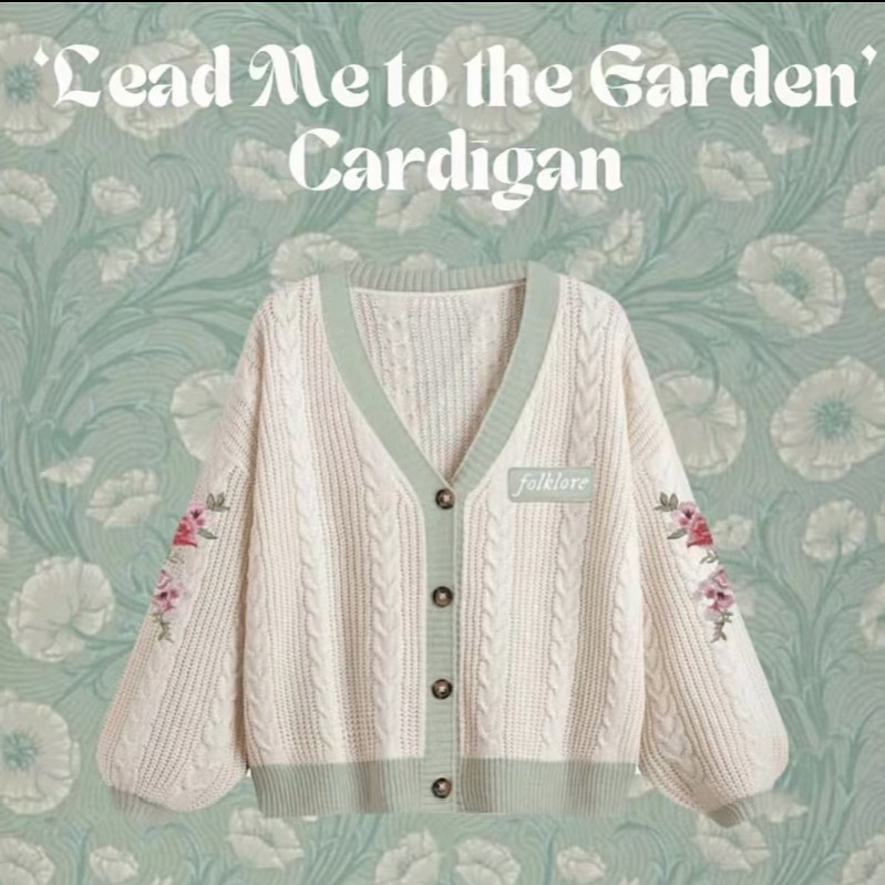 Leaf Embroidered Lantern Sleeve Loose Knit Cardigan
