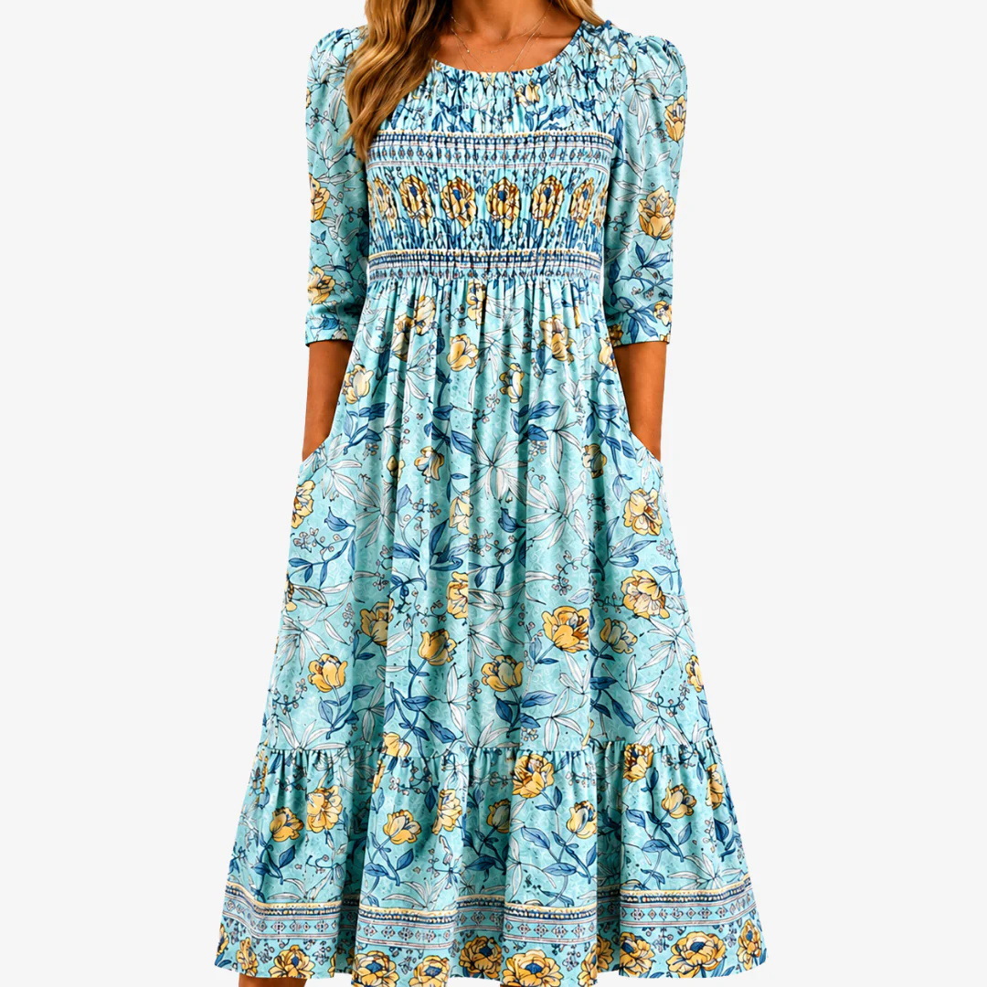 Women's Summer Printed Patchwork French Style Dress Casual A-Line Midi