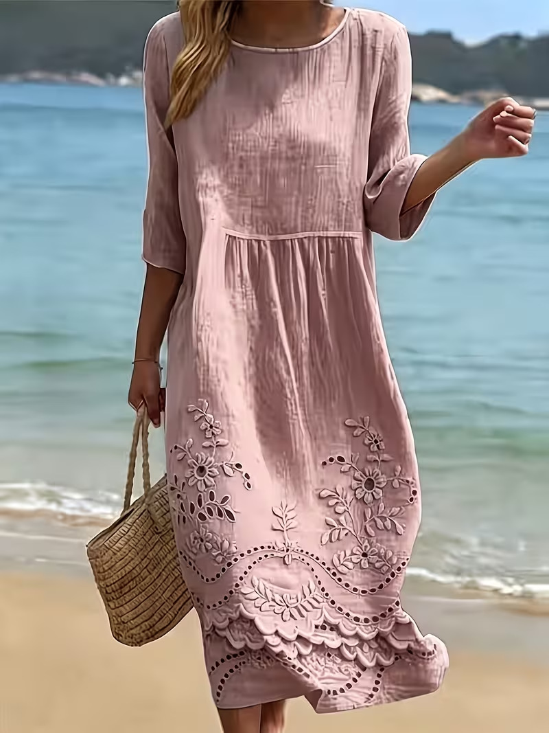 Women's Floral Print Pleated Midi Dress Round Neck Half Sleeve