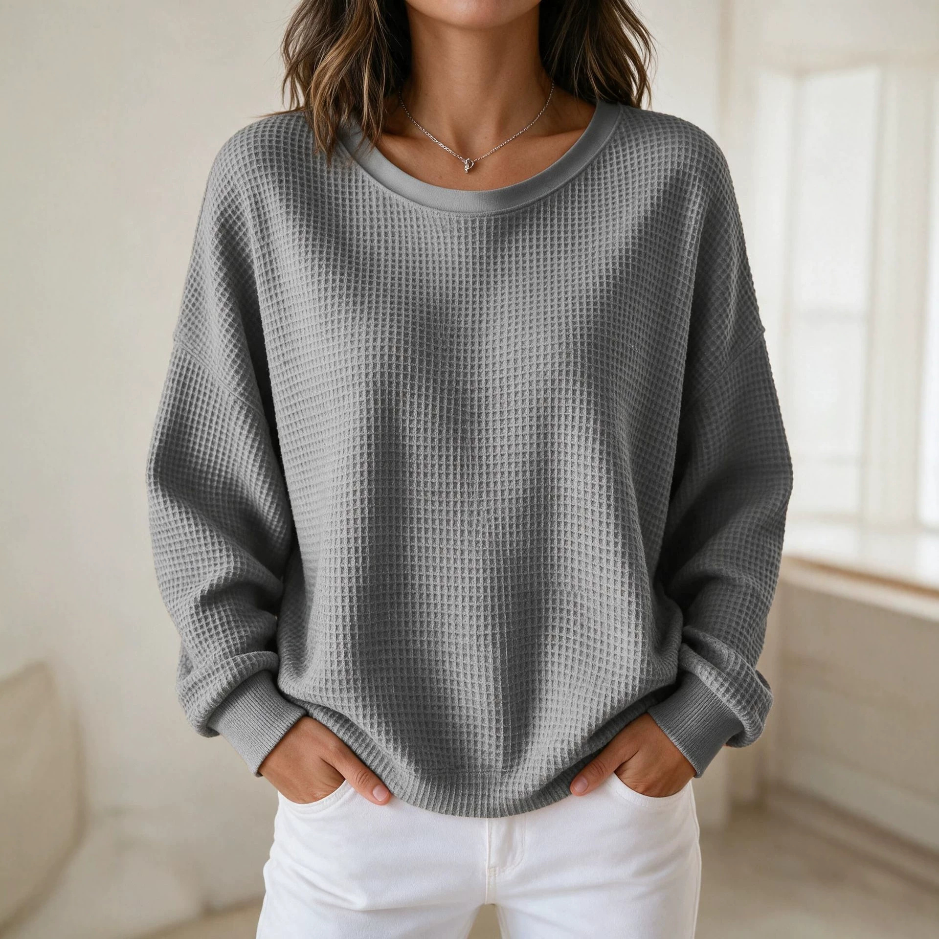 Women's Waffle Knit Crewneck Pullover Sweatshirt
