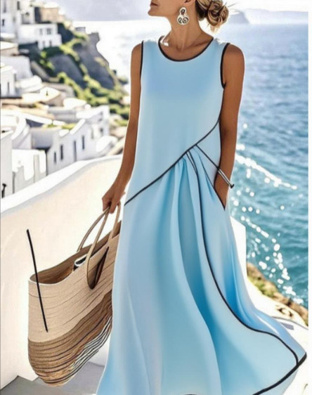 Women's Sleeveless Crew Neck Colorblock Knit Maxi Dress