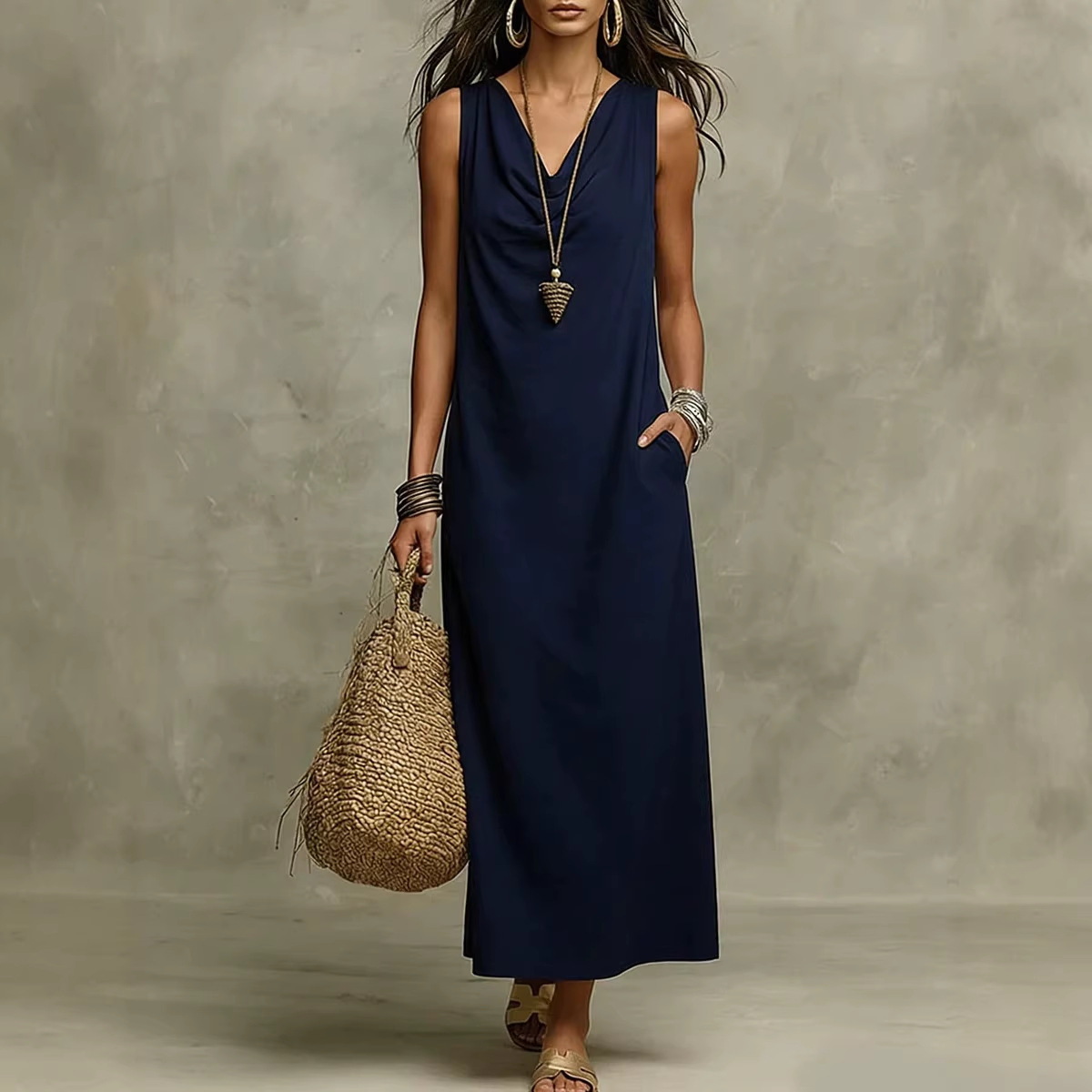Women's Draped Neck Straight Loose Casual Dress