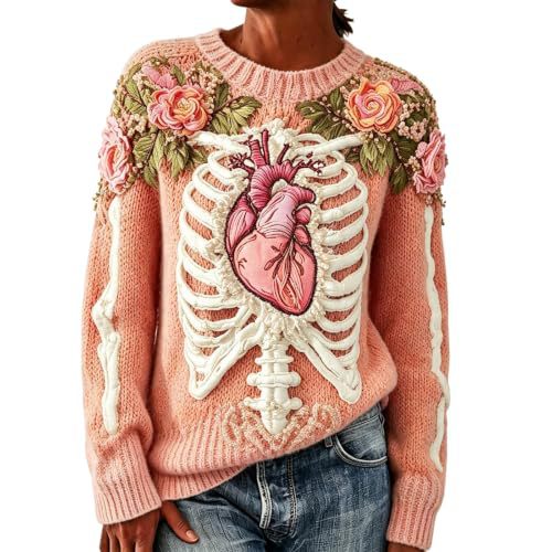 Women's Floral Heart Skeleton Print Crewneck Sweatshirt