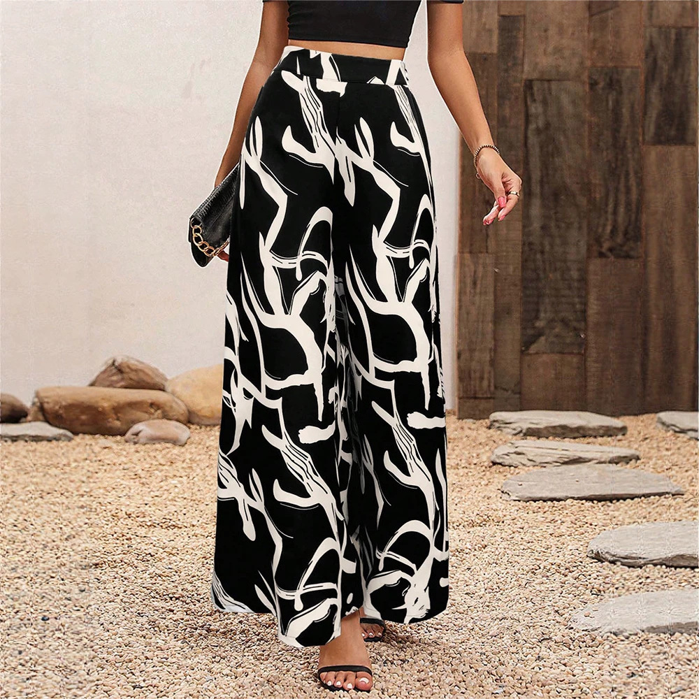 Women's Chiffon Leaf Print High-Waist Wide-Leg Pants