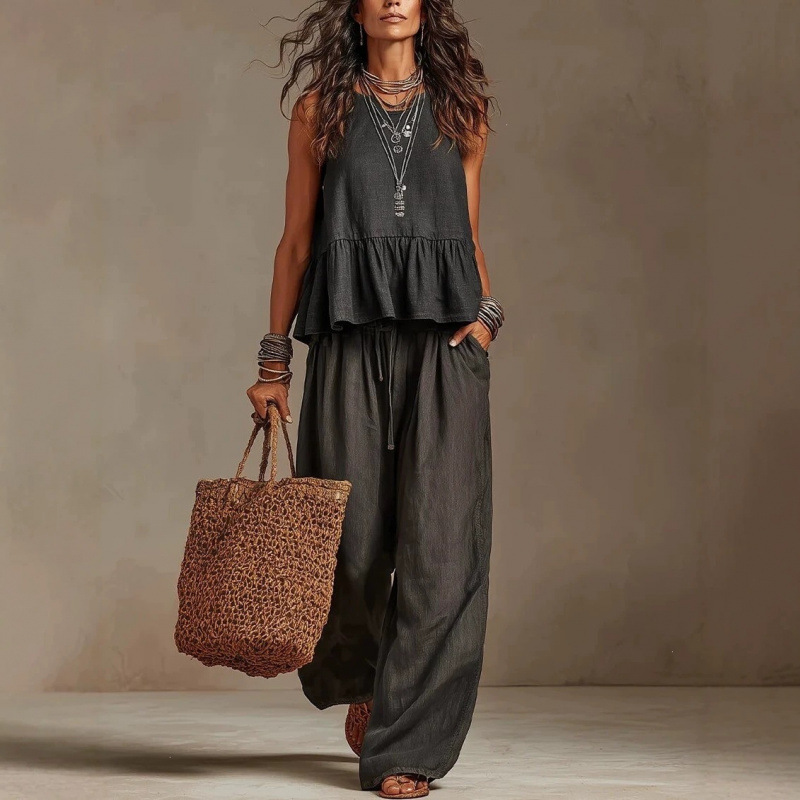 Women's Cotton-Linen Ruffle Sleeveless Wide-Leg Pants Set