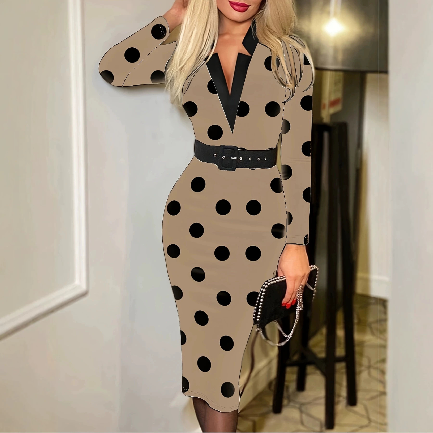 Plaid V-Neck Bodycon Long Sleeve Dress with Belt