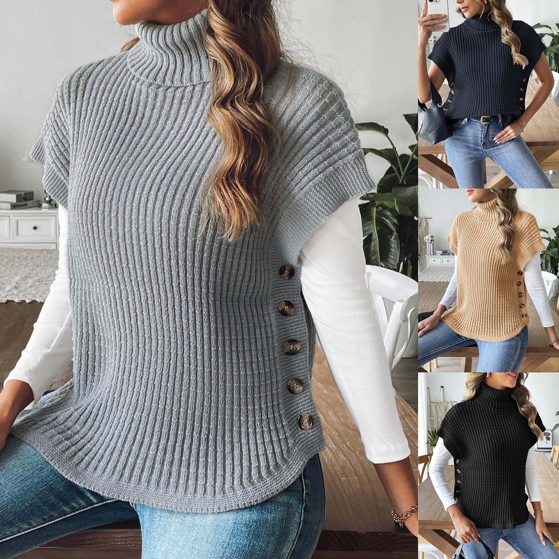Women's High Neck Sleeveless Knit Sweater Vest with Button Accents