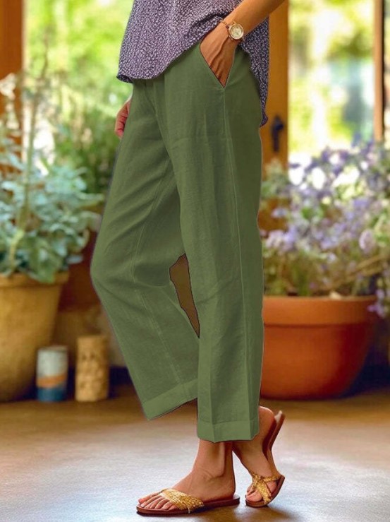 Women's Cotton-Linen Loose Straight-Leg Pants with Elastic Waist and Pockets