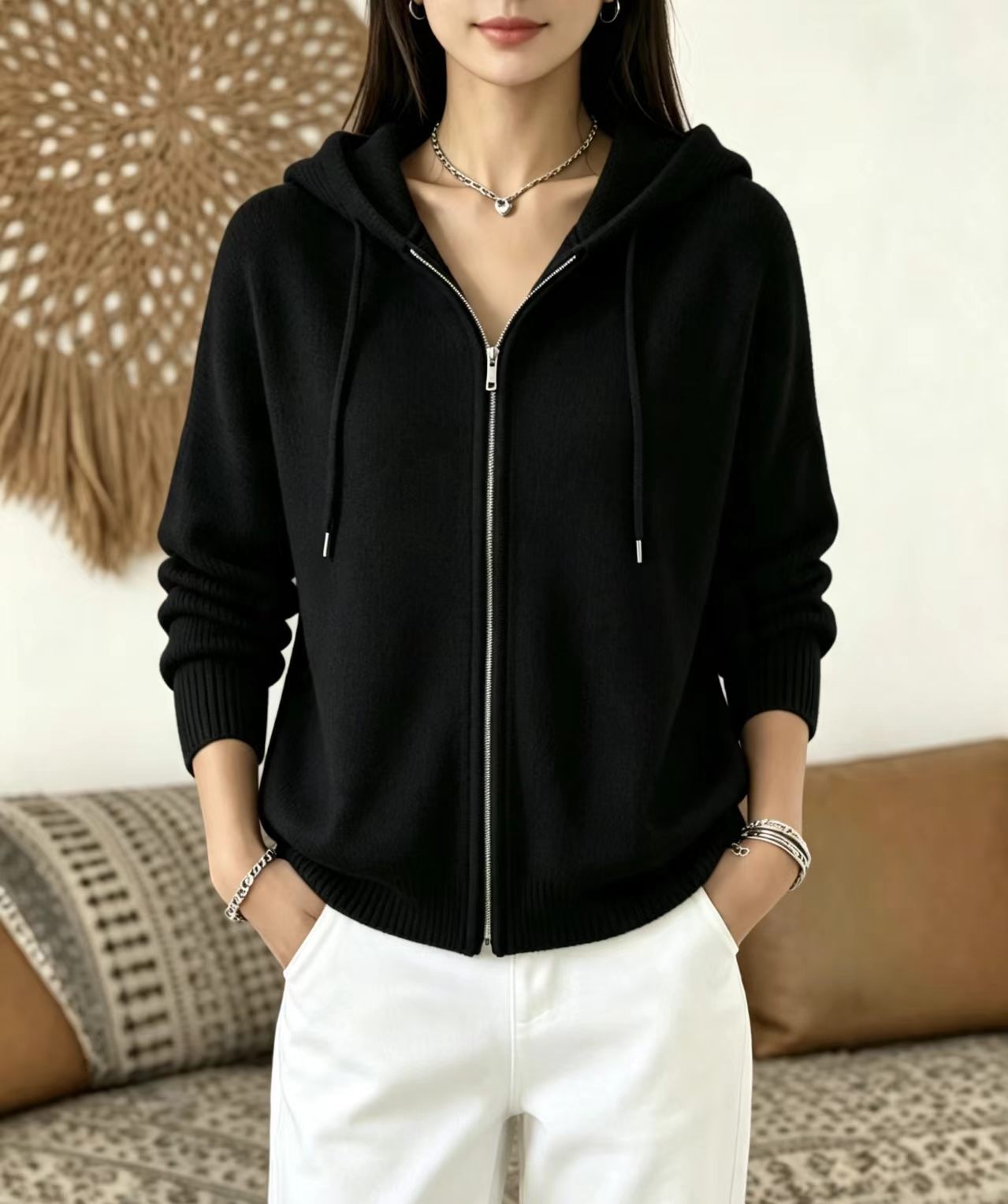 Women's Zip-Up Hooded Knit Cardigan Sweater