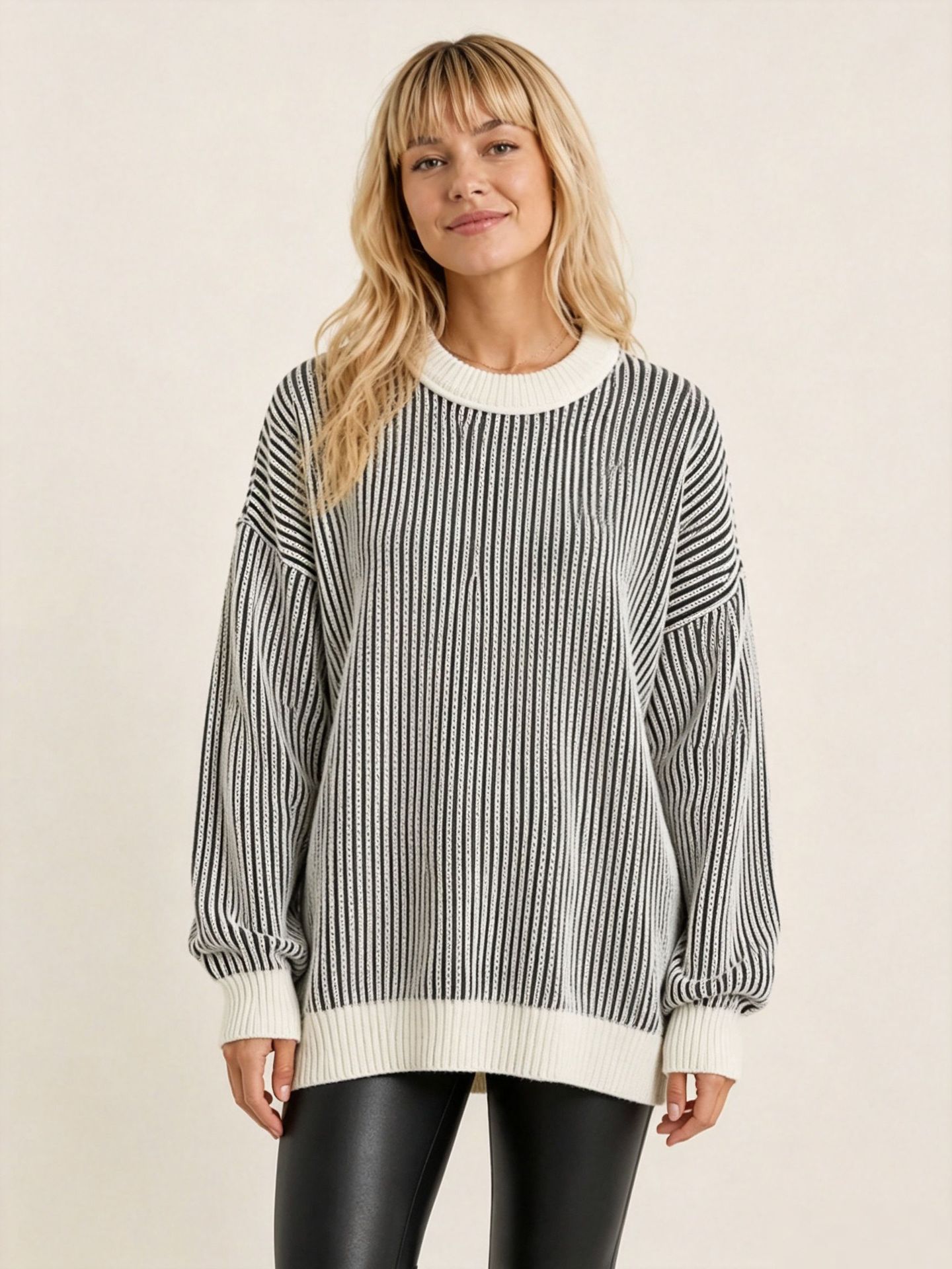 Striped Crewneck Long-Sleeve Pullover Knit Sweater