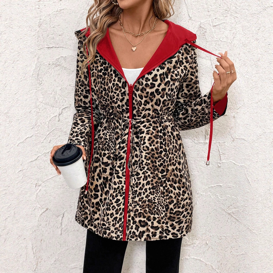 Reversible Leopard Print Hooded Zip Jacket with Belt Long Sleeve