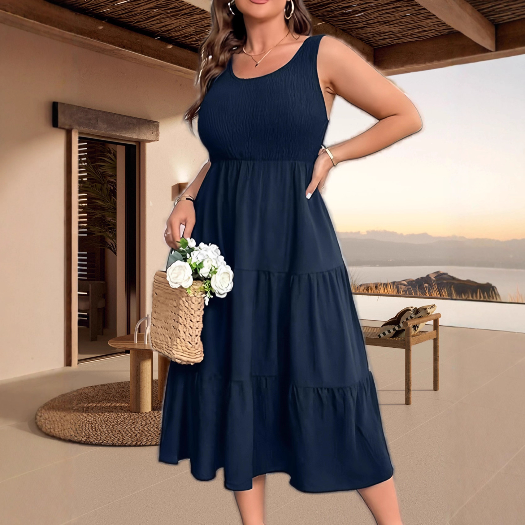 Women's Sleeveless U-Neck Ruched Hem Patchwork Midi Dress