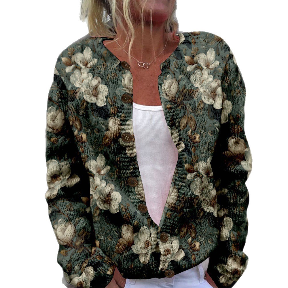 Women's Paw Print Floral Button Cardigan Sweater