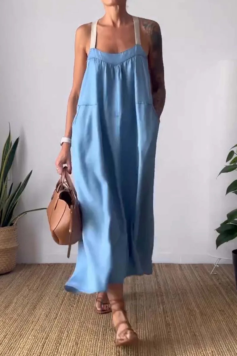 Women's Cotton Linen Sleeveless Pinafore Dress Casual Solid Color Long Dress