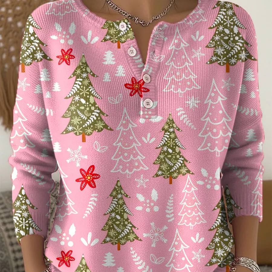 Women's Christmas Tree Floral Print Button Sweatshirt