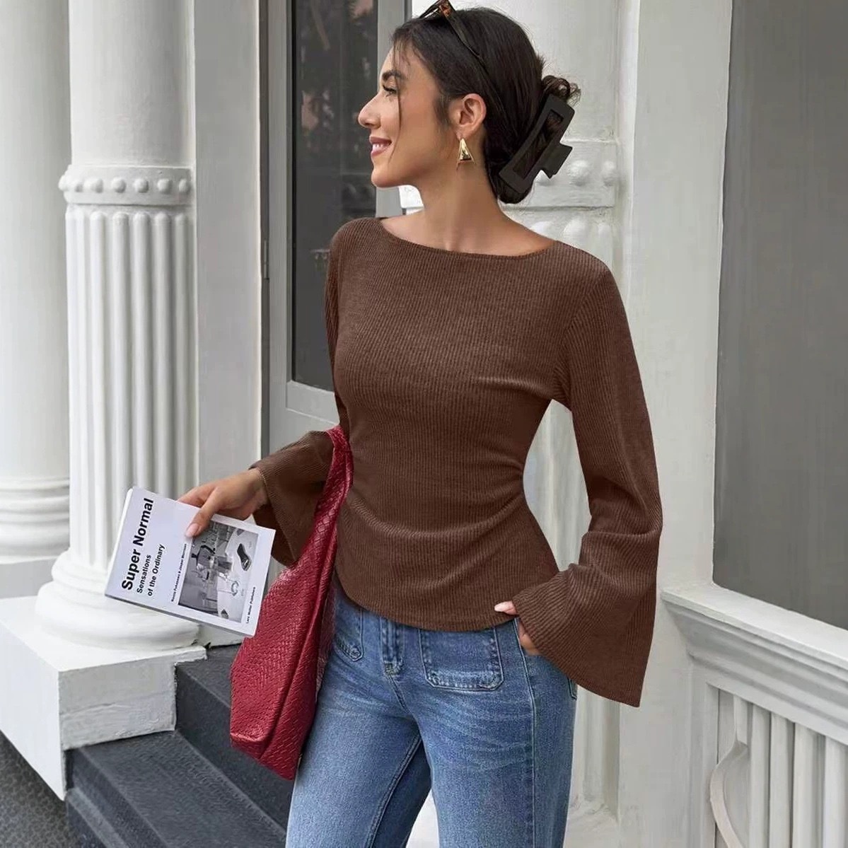 Women's Solid Off-Shoulder Bell Sleeve Cinched Waist Top