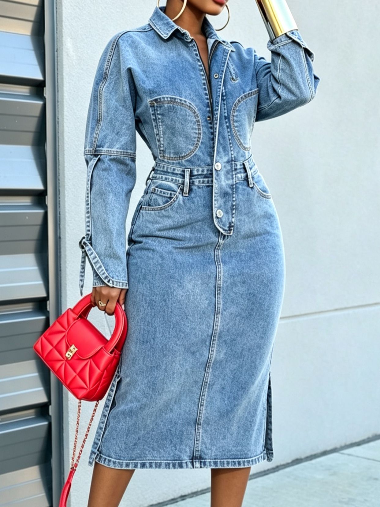 Women's Loose Denim Maxi Dress High Waist A-Line Polo Neck Long Sleeve