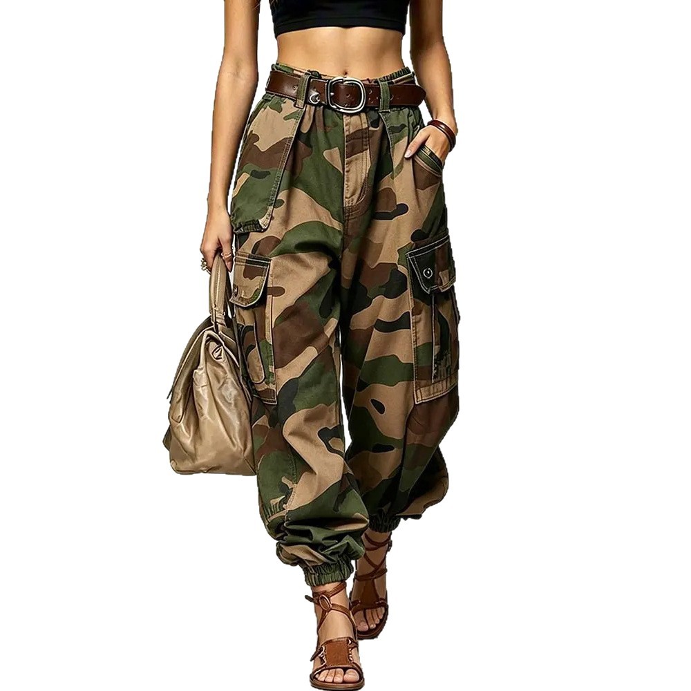Retro Camo Multi-Pocket Cargo Pants Summer Loose Straight Wide-Leg