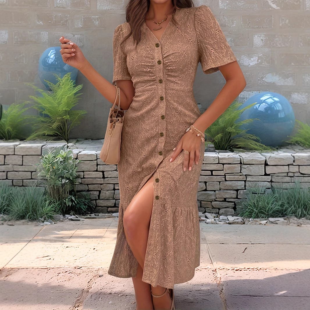 V-Neck Button-Front Mermaid Midi Dress with Pleats and Slit Short Sleeve