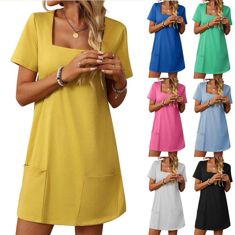 Square Neck Short Sleeve Casual Dress with Pockets