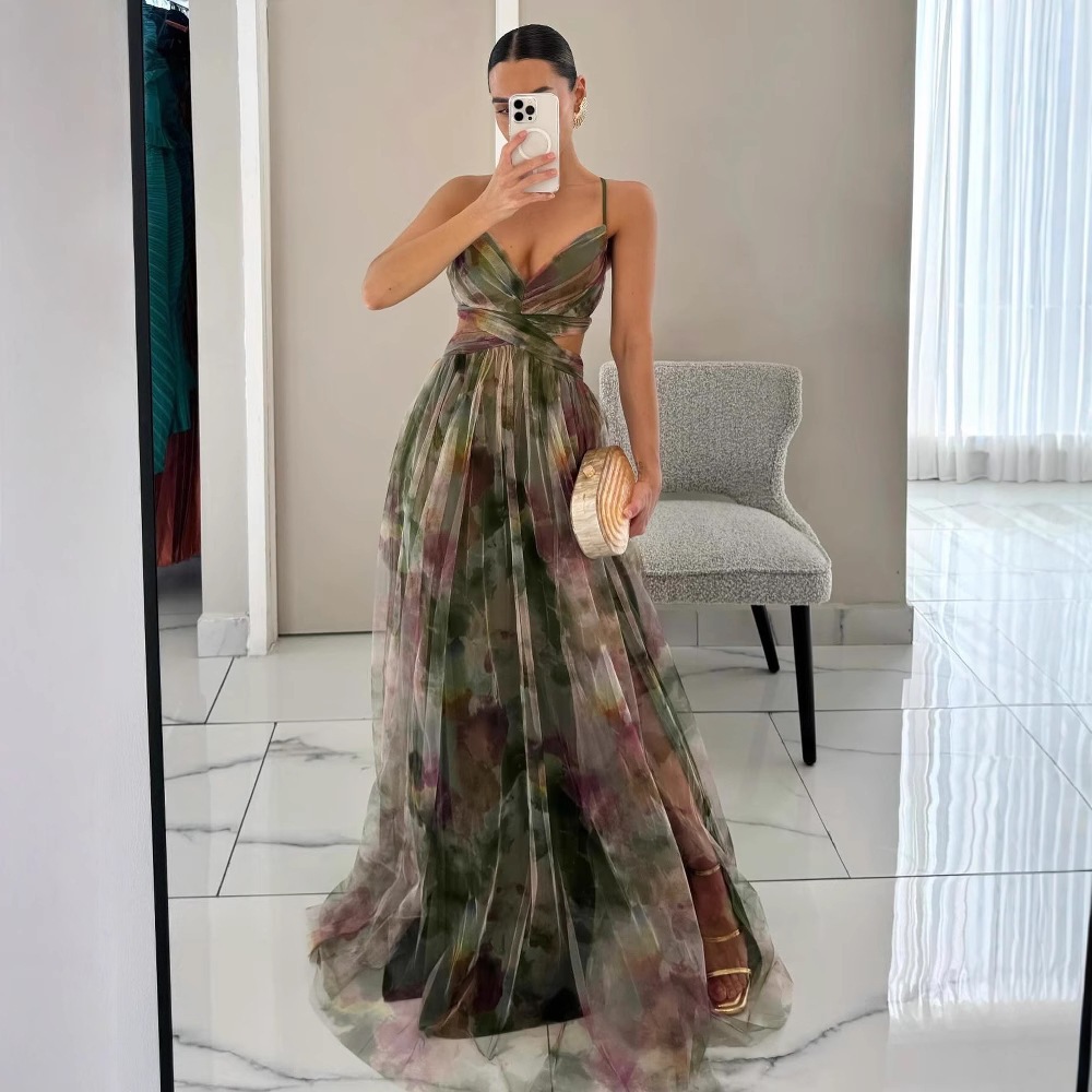 Women's Printed Mesh Cami Dress Sleeveless V-Neck Long Flowy Vacation Party Dress